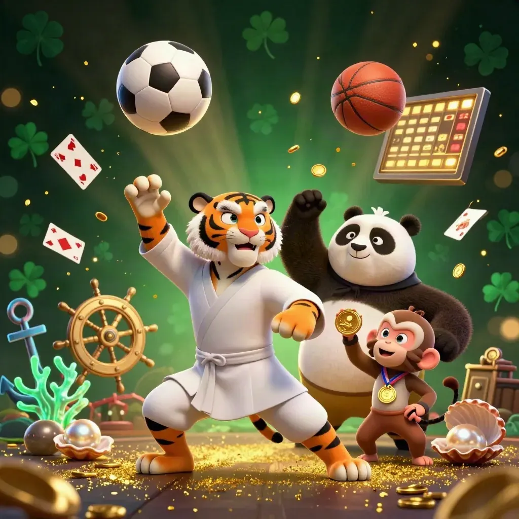 Kung-fu tiger, panda, and monkey amid treasure cove, cards, balls, and casino glow