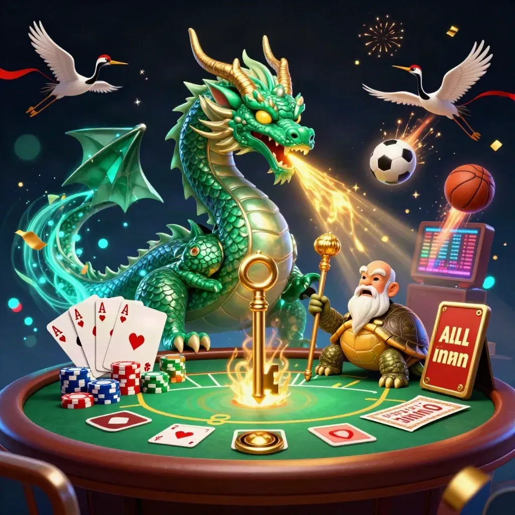 Emerald dragon, turtle sage, and cranes amid casino chips, cards, and glowing sports props.