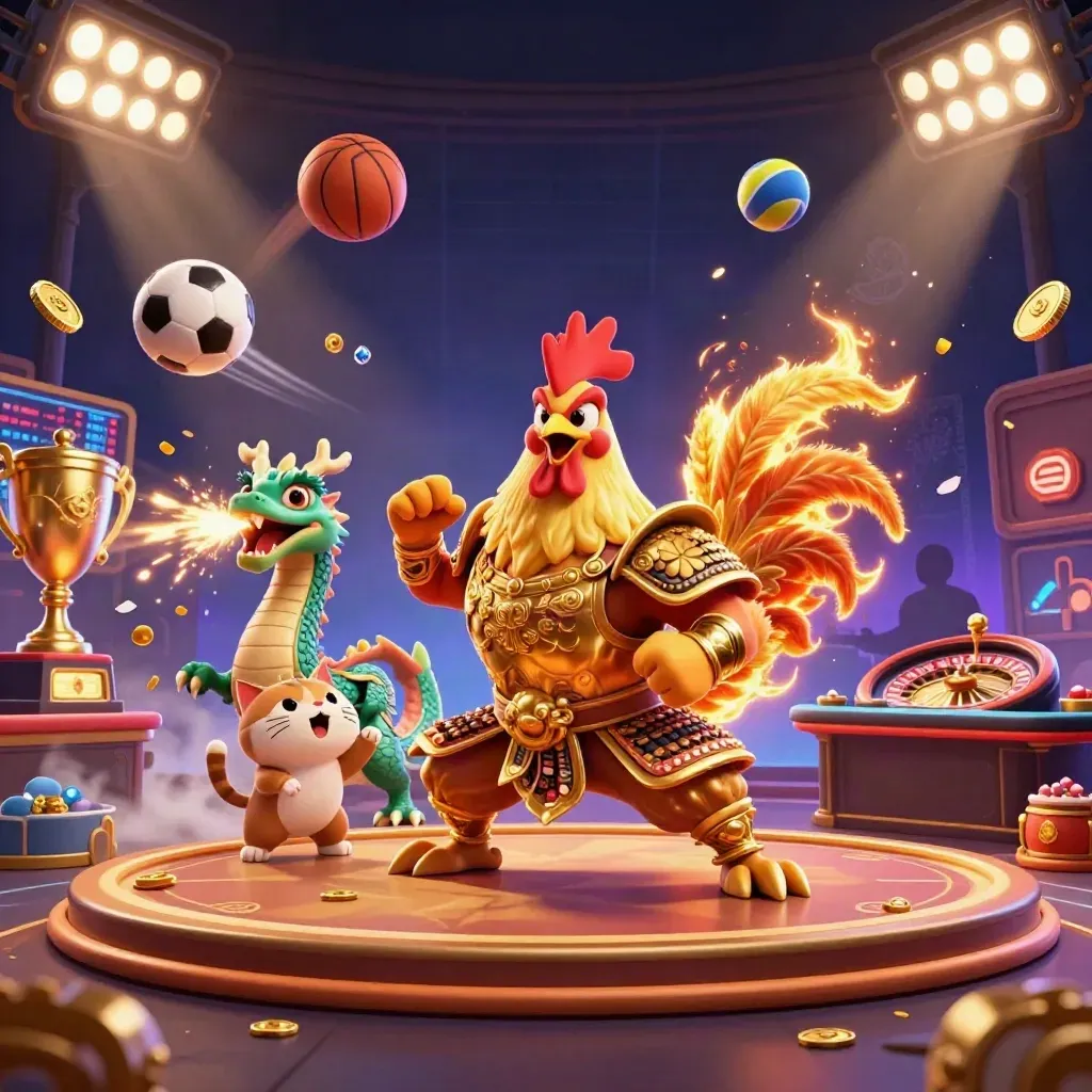 Rooster warrior, dragon hatchling, and fortune cat amid neon casino lights