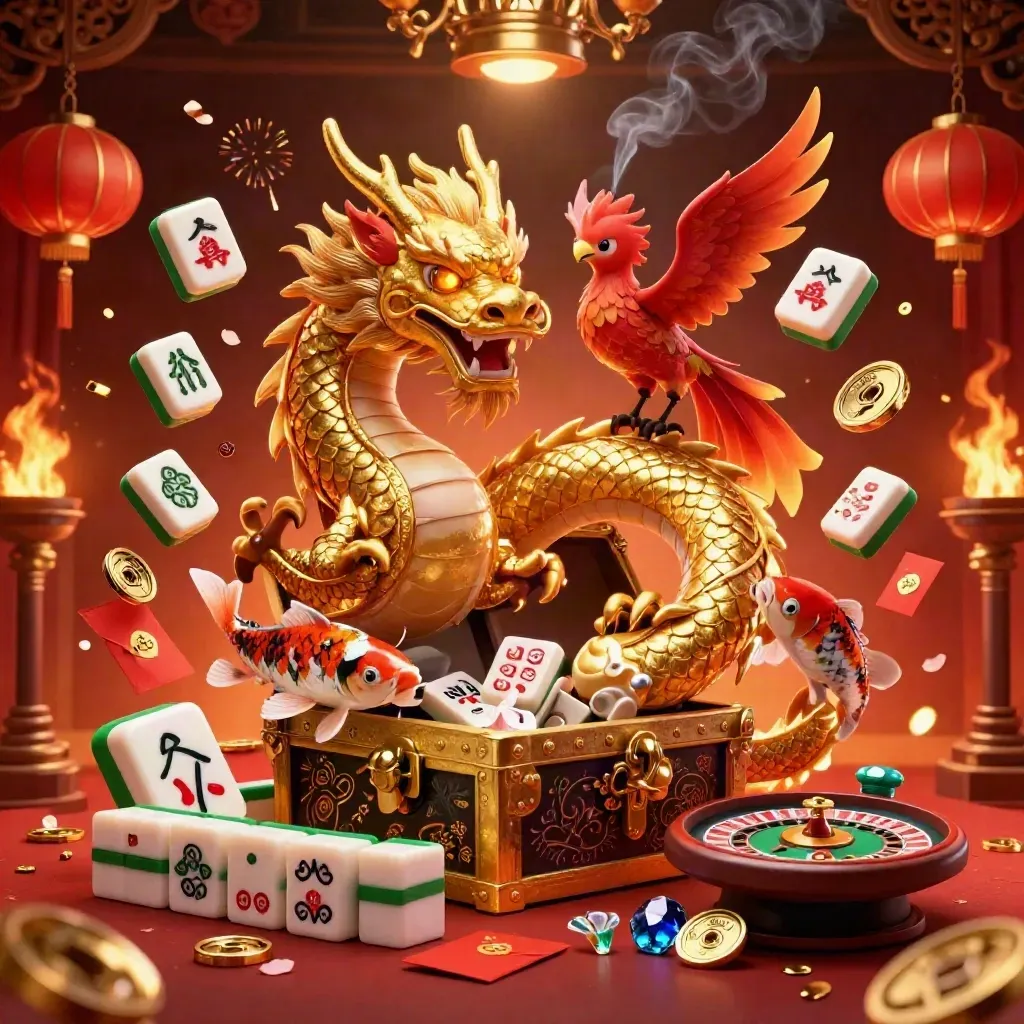 Golden dragon and phoenix amid casino lights, jade coins, lanterns, and ember glow.