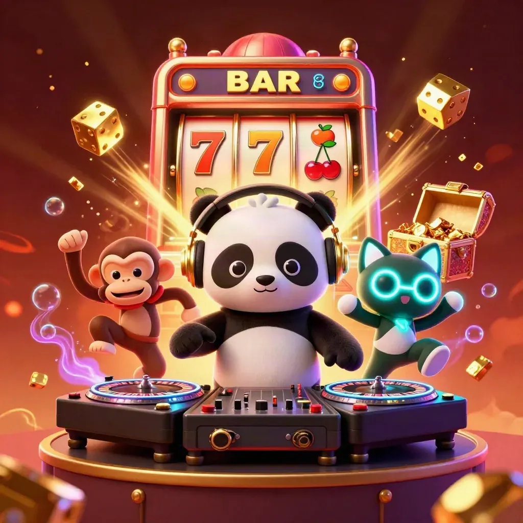 DJ panda, monkey, and glow-stick kitten amid slot machine bursts, gold, and neon casino chaos