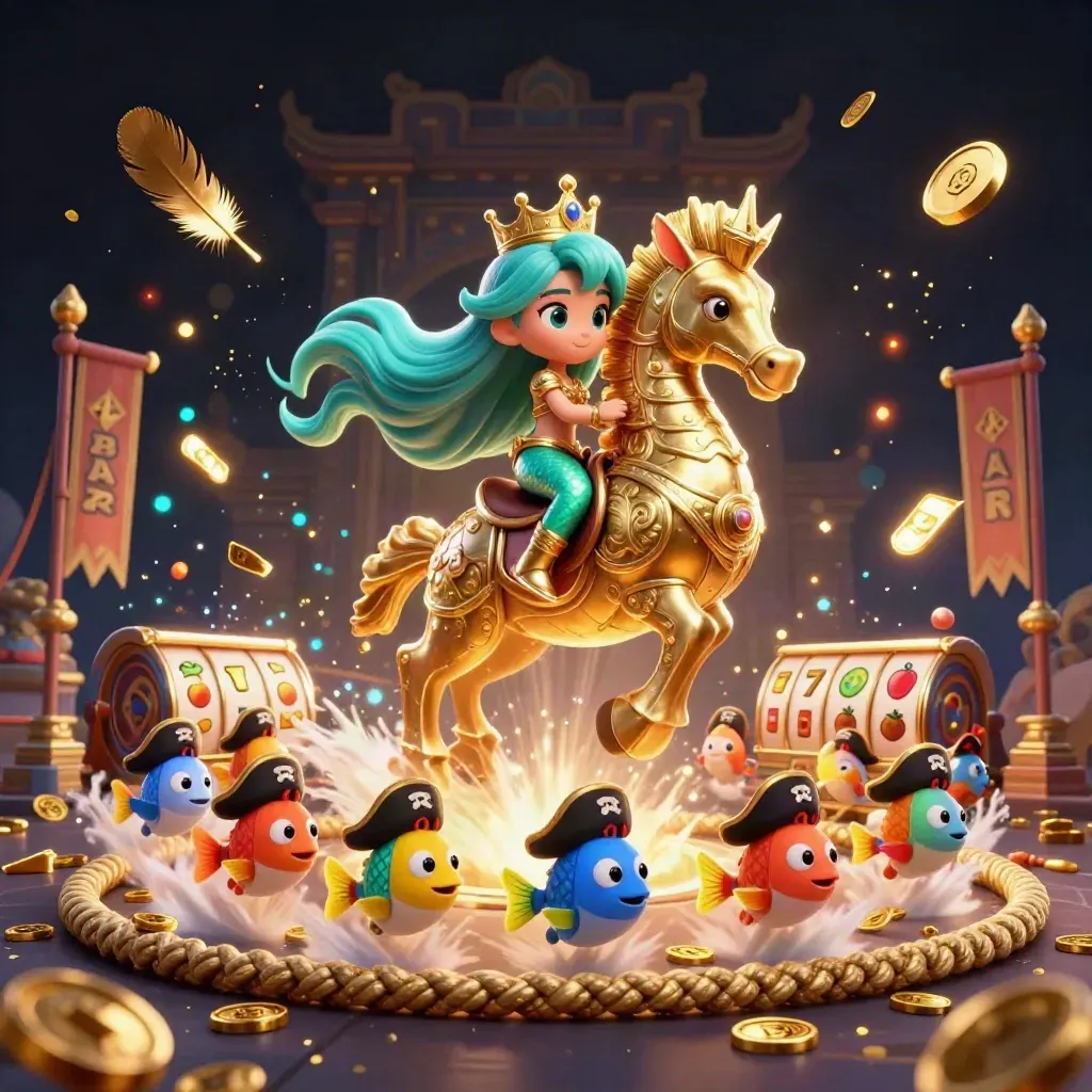 Mermaid princess on golden seahorse amid pirate fish, gold treasure bursts, navy casino glow