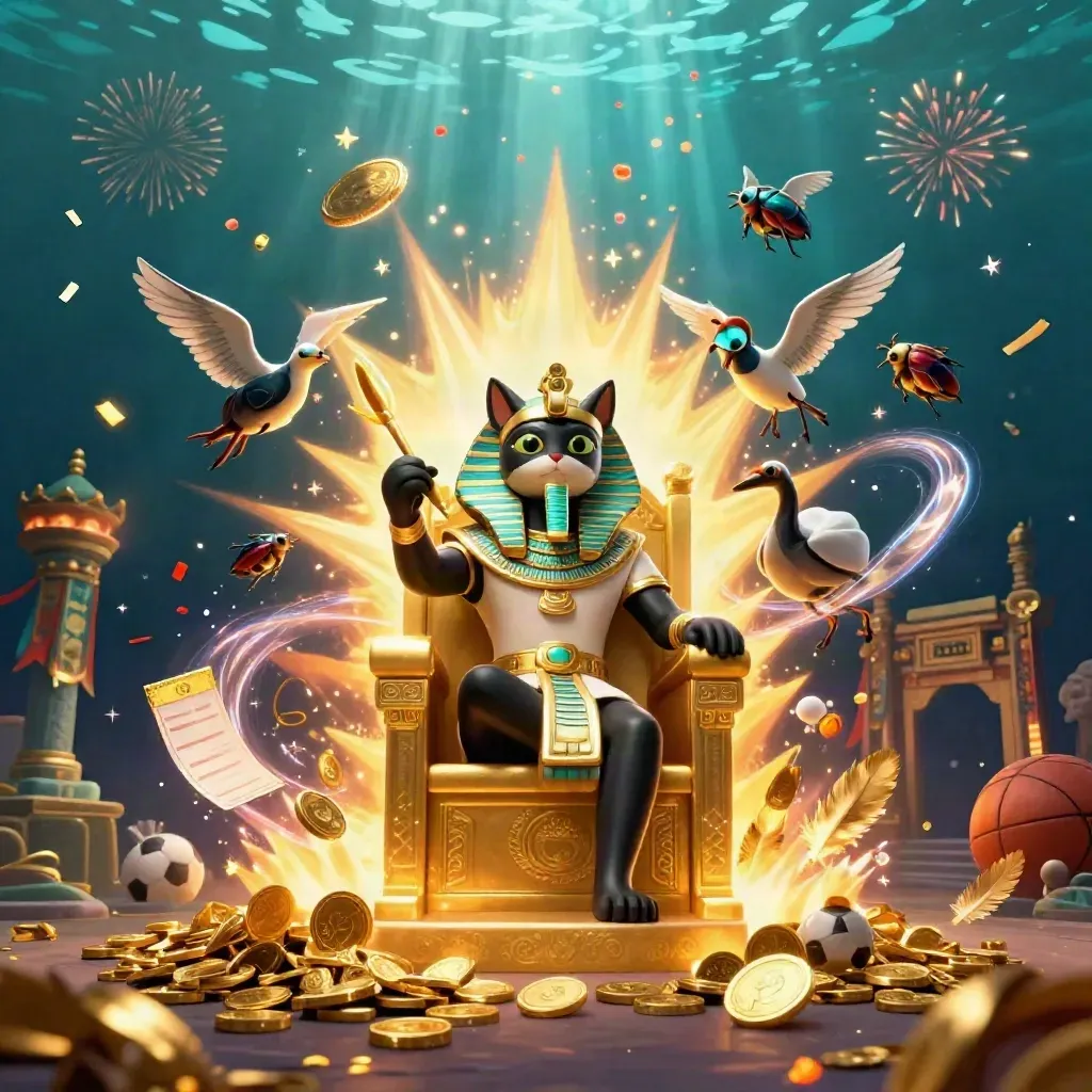 Pharaoh cat, ibis scribe, and gem-wing scarabs amid casino vault treasure and fireworks.