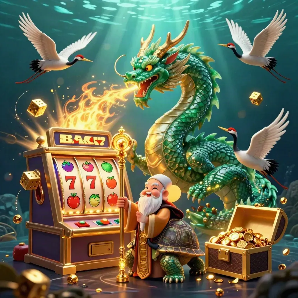 Emerald dragon with turtle sage, cranes, slot symbols, gold chest, and casino lighting in a dark teal splash